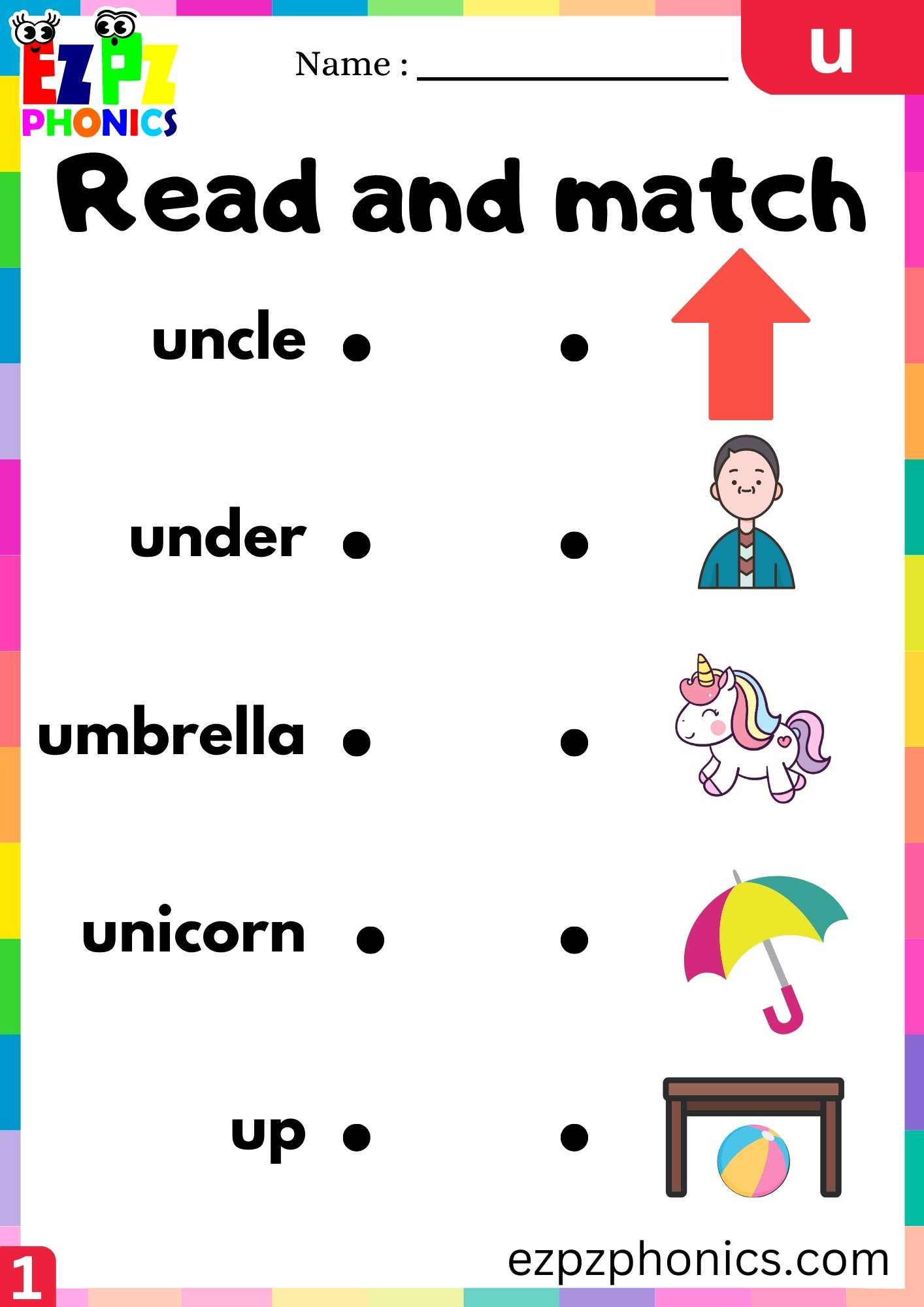 Letter U Read And Match Beginning Sounds Worksheet